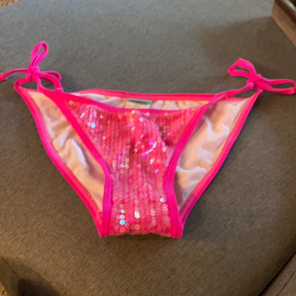 Hot pink sequined front side ties swim bottoms